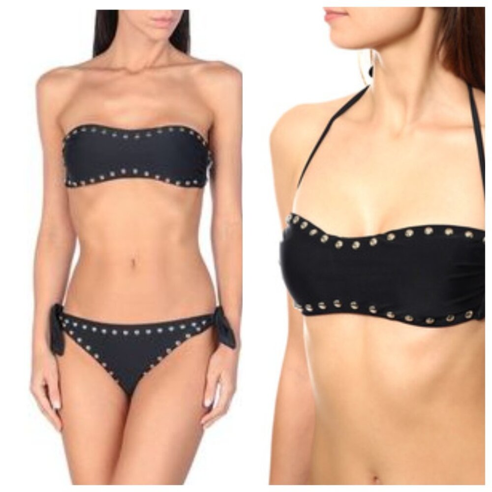 Moschino Swim Black Bandeau Bikini Set White Contrast Stitch Print 2pc XS